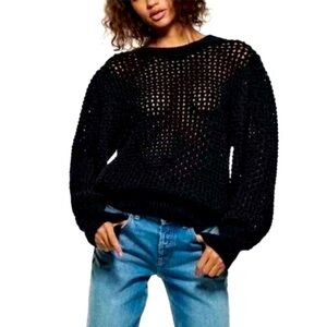 ZARA Textured Knit Sweater Open Knit Crewneck Balloon Sleeve Pullover, Black.